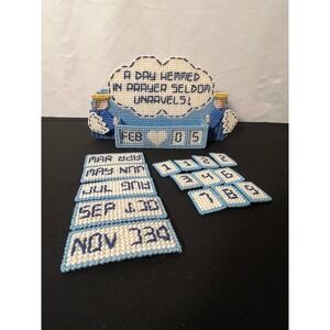 Handmade Plastic Canvas Perpetual Calendar Angel Prayer Religious Blue White